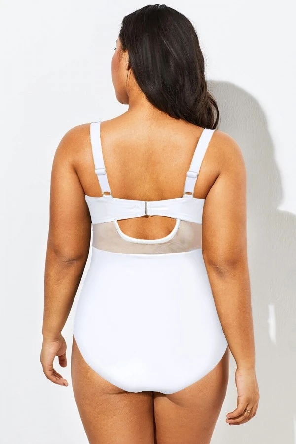 White Cut Out Mesh Underwire One Piece Swimsuit - Image 2