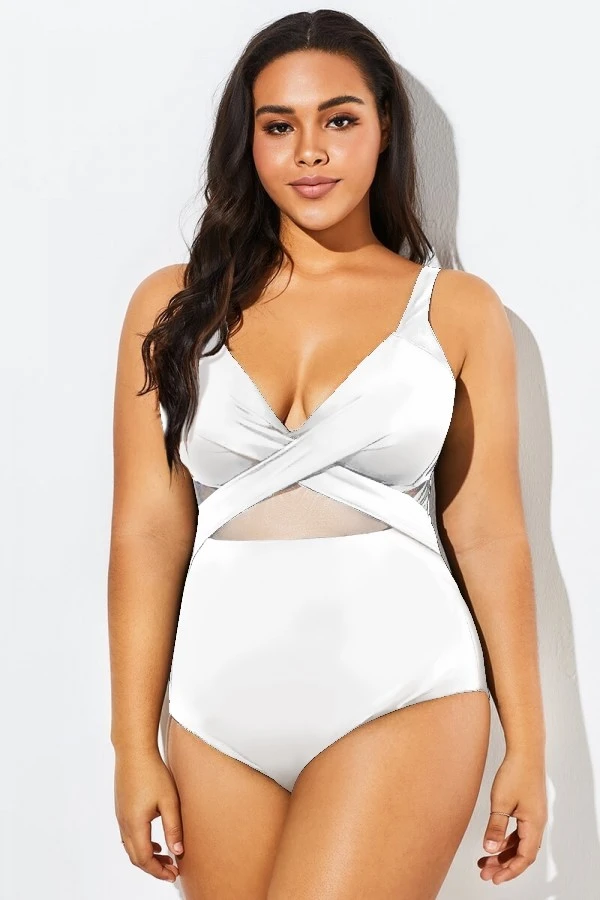White Cut Out Mesh Underwire One Piece Swimsuit - Image 3