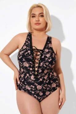 Black Floral Printed Lace Up One Piece Swimsuit