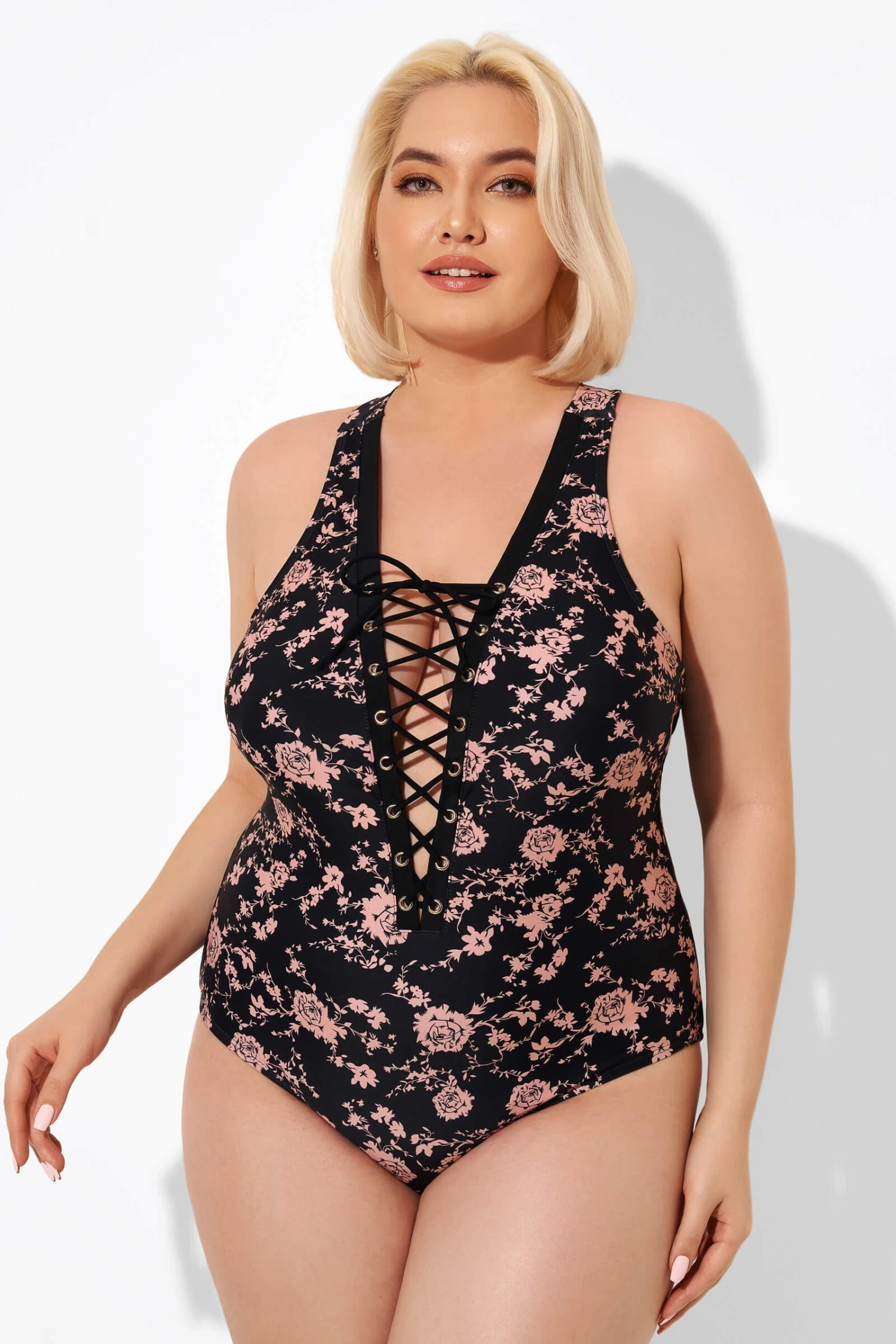 Black Floral Printed Lace Up One Piece Swimsuit - Image 4