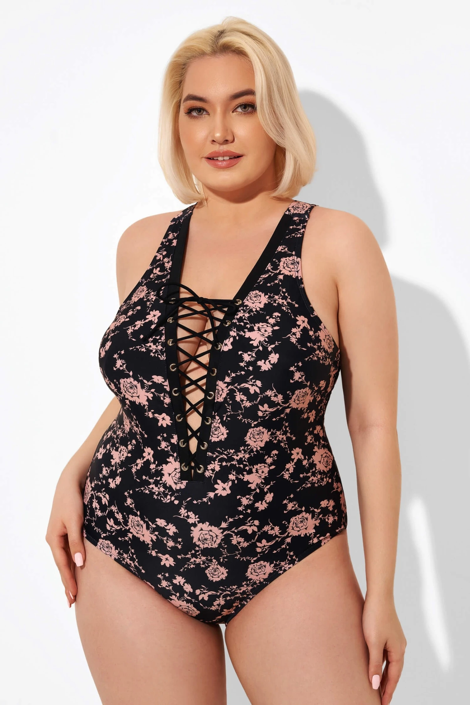 Black Floral Printed Lace Up One Piece Swimsuit - Image 6
