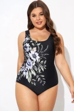Elegant Flower Print Square Neck One Piece Swimsuit