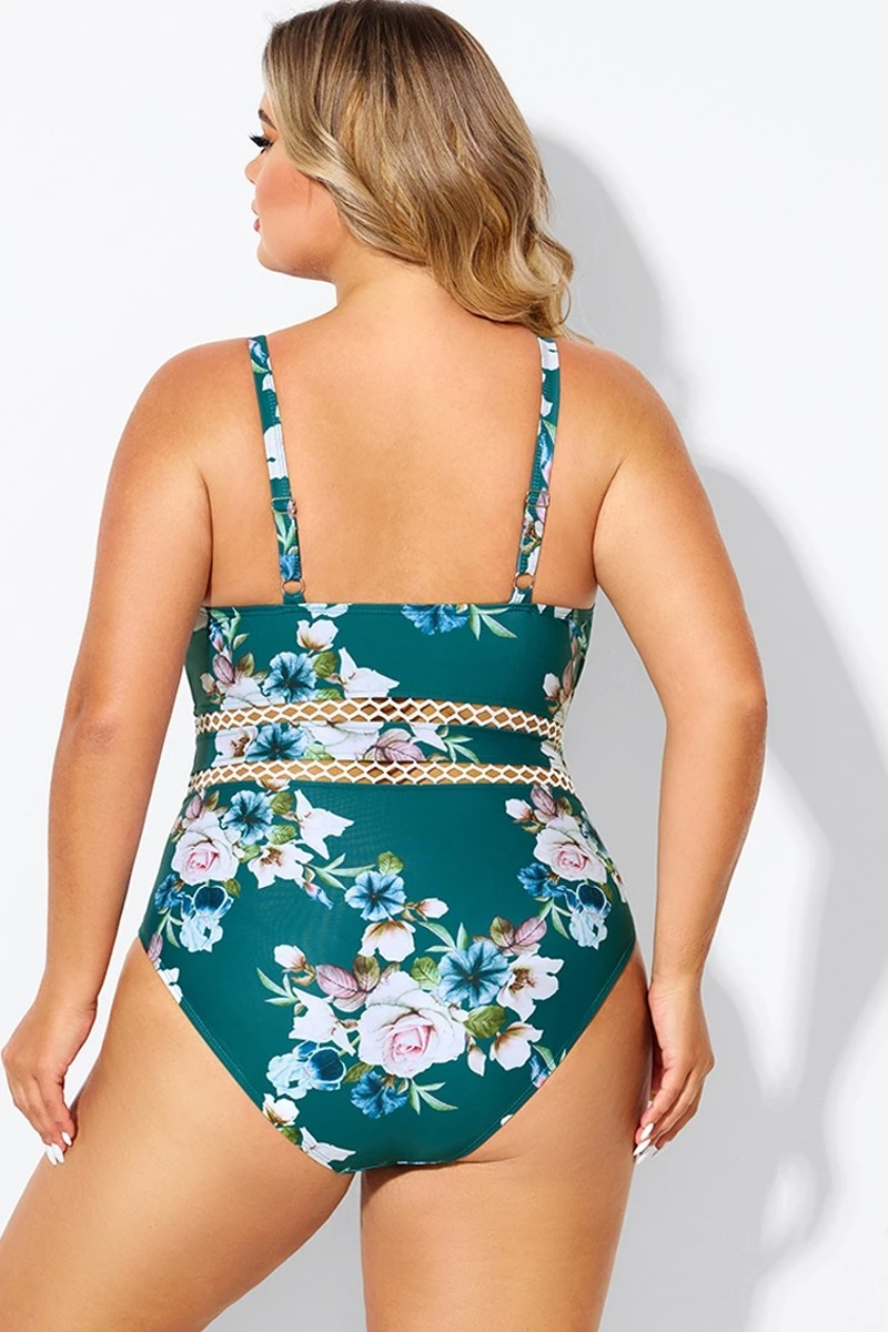 Floral Print Plunge V-neck One Piece Swimsuit - Image 2