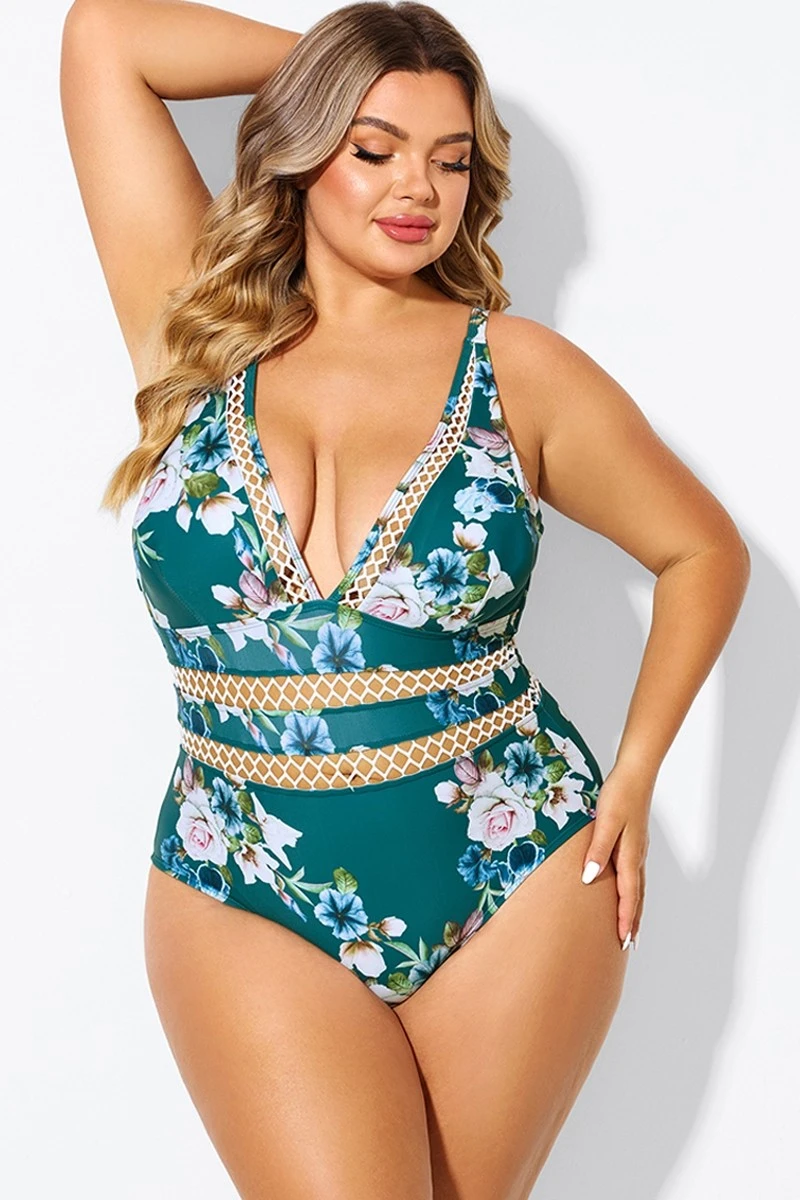 Floral Print Plunge V-neck One Piece Swimsuit - Image 3