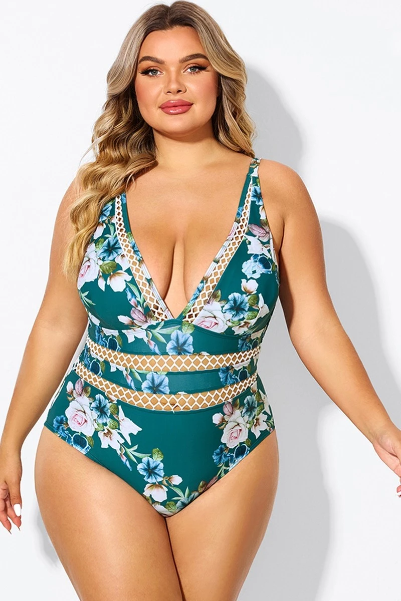 Floral Print Plunge V-neck One Piece Swimsuit - Image 4