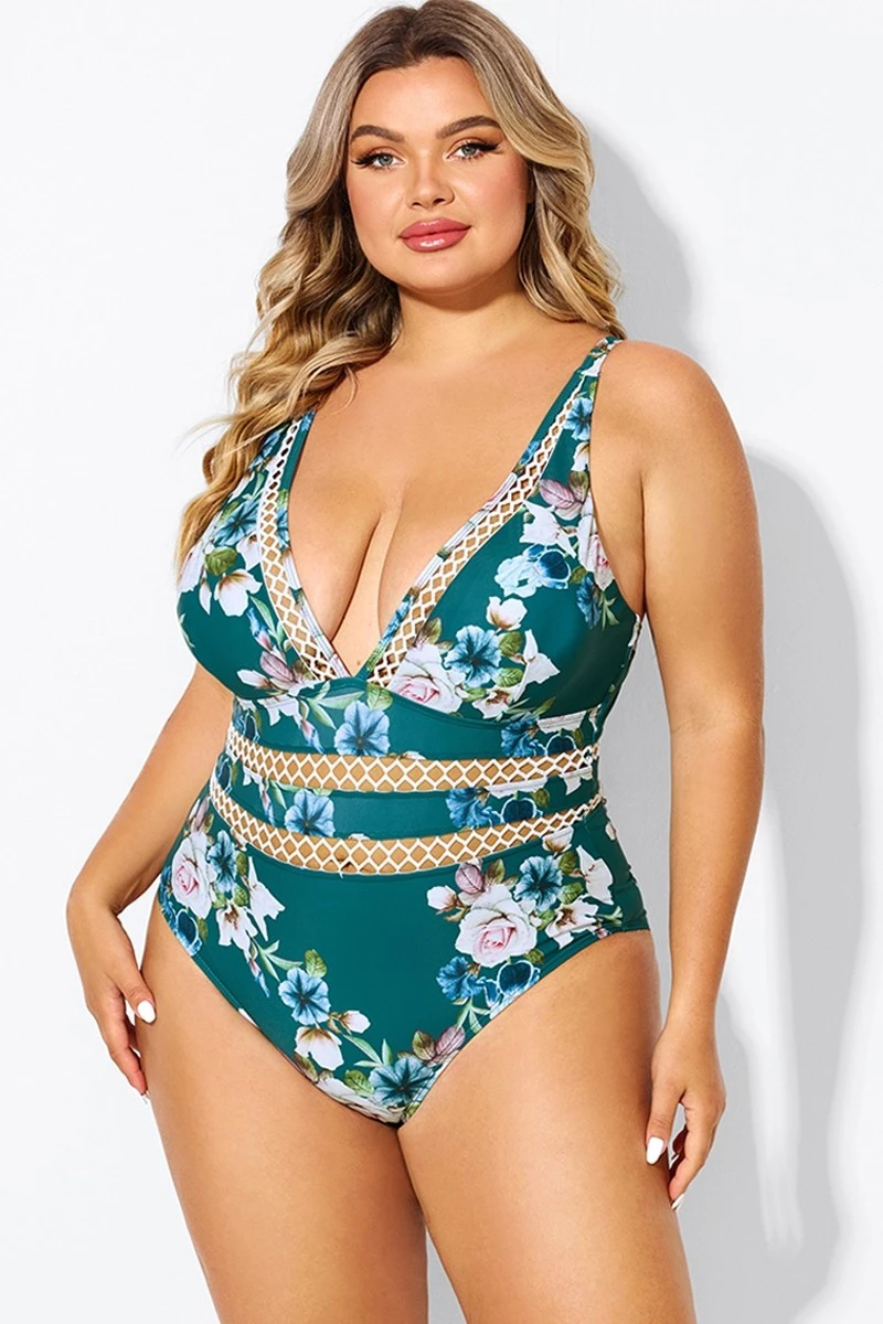 Floral Print Plunge V-neck One Piece Swimsuit - Image 5