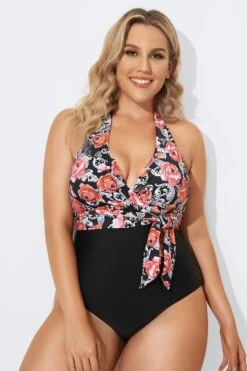 Vintage Flower Faux Wrap Halter One Piece Swimsuit
