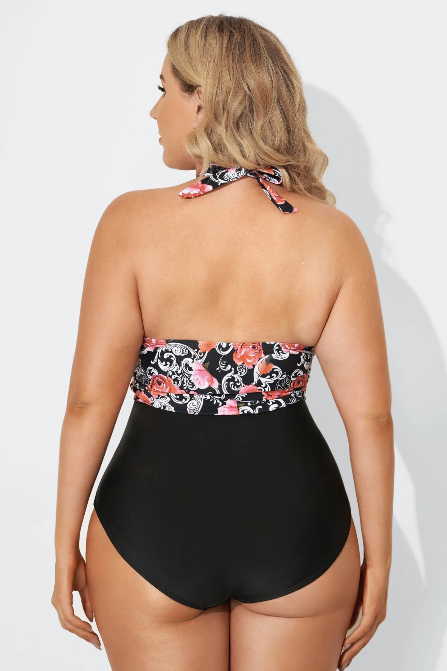 Vintage Flower Faux Wrap Halter One Piece Swimsuit - Image 2