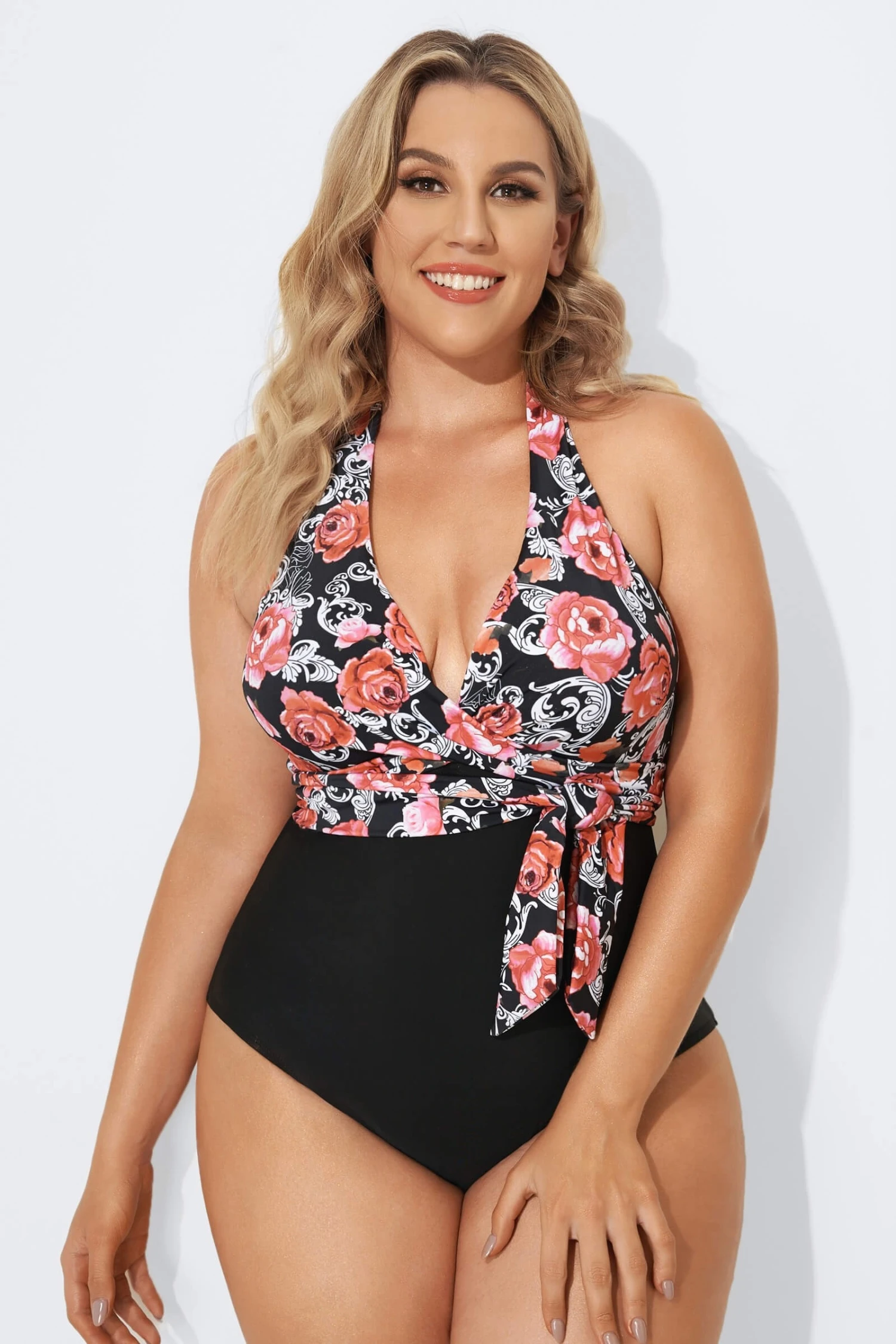 Vintage Flower Faux Wrap Halter One Piece Swimsuit - Image 4