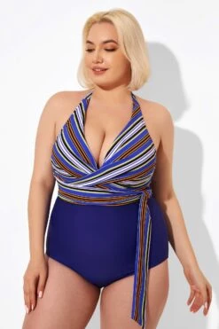 Purple Faux Wrap Halter One Piece Swimsuit