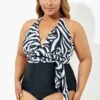 Black & White Faux Wrap Halter One Piece Swimsuit