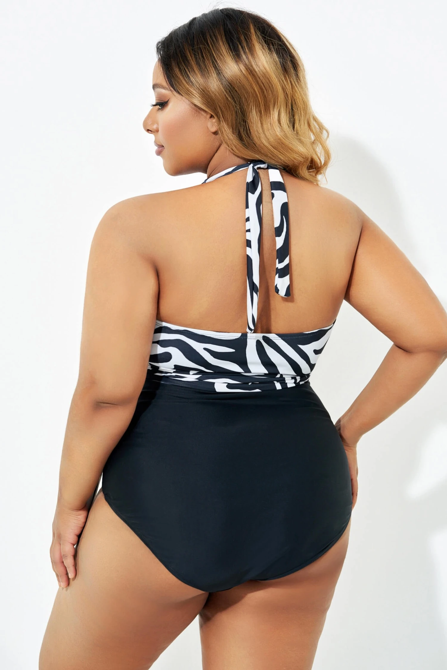 Black & White Faux Wrap Halter One Piece Swimsuit - Image 2