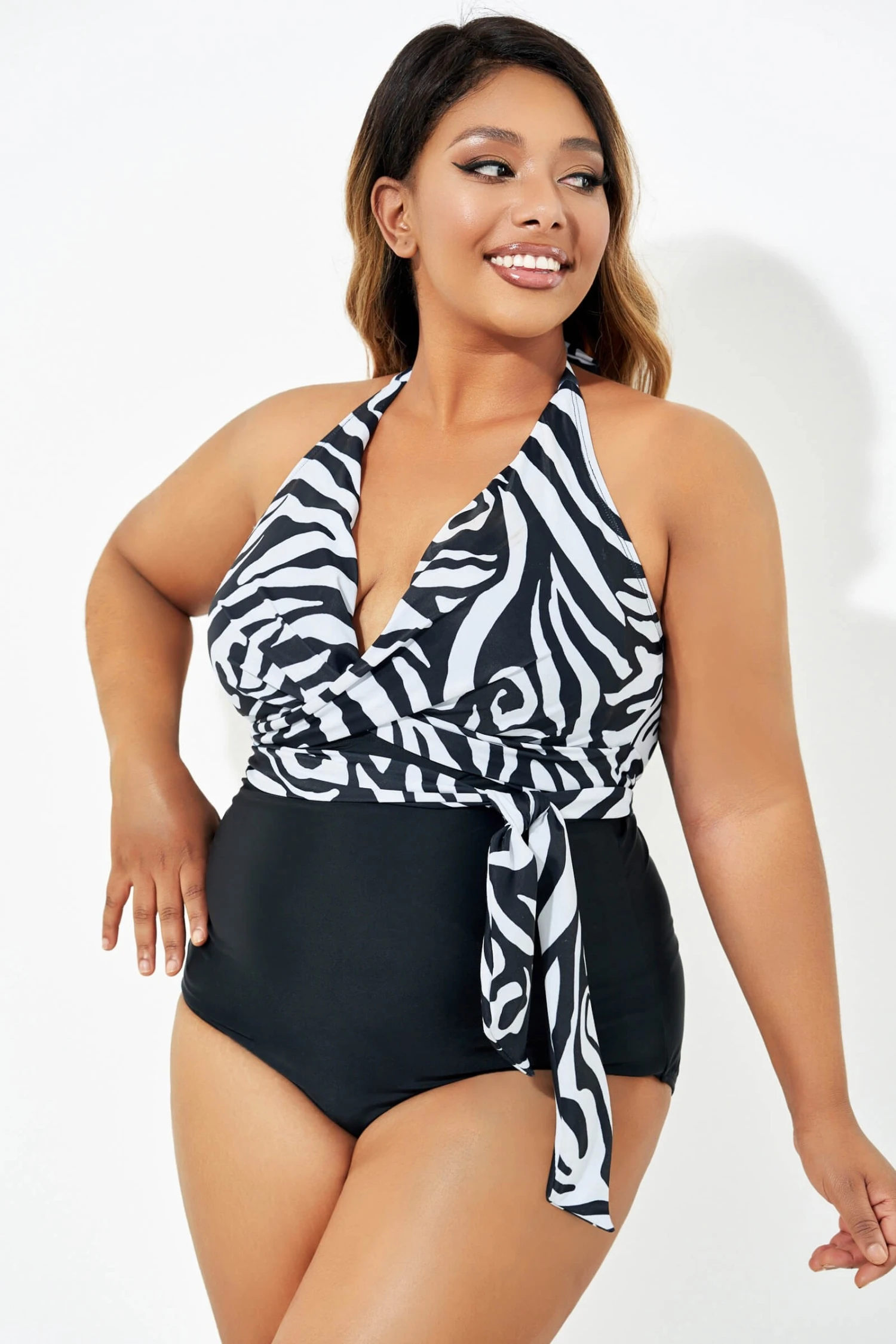 Black & White Faux Wrap Halter One Piece Swimsuit - Image 3