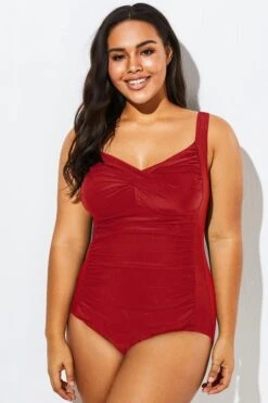 Wine Red Tummy Control Halter One Piece Swimsuit