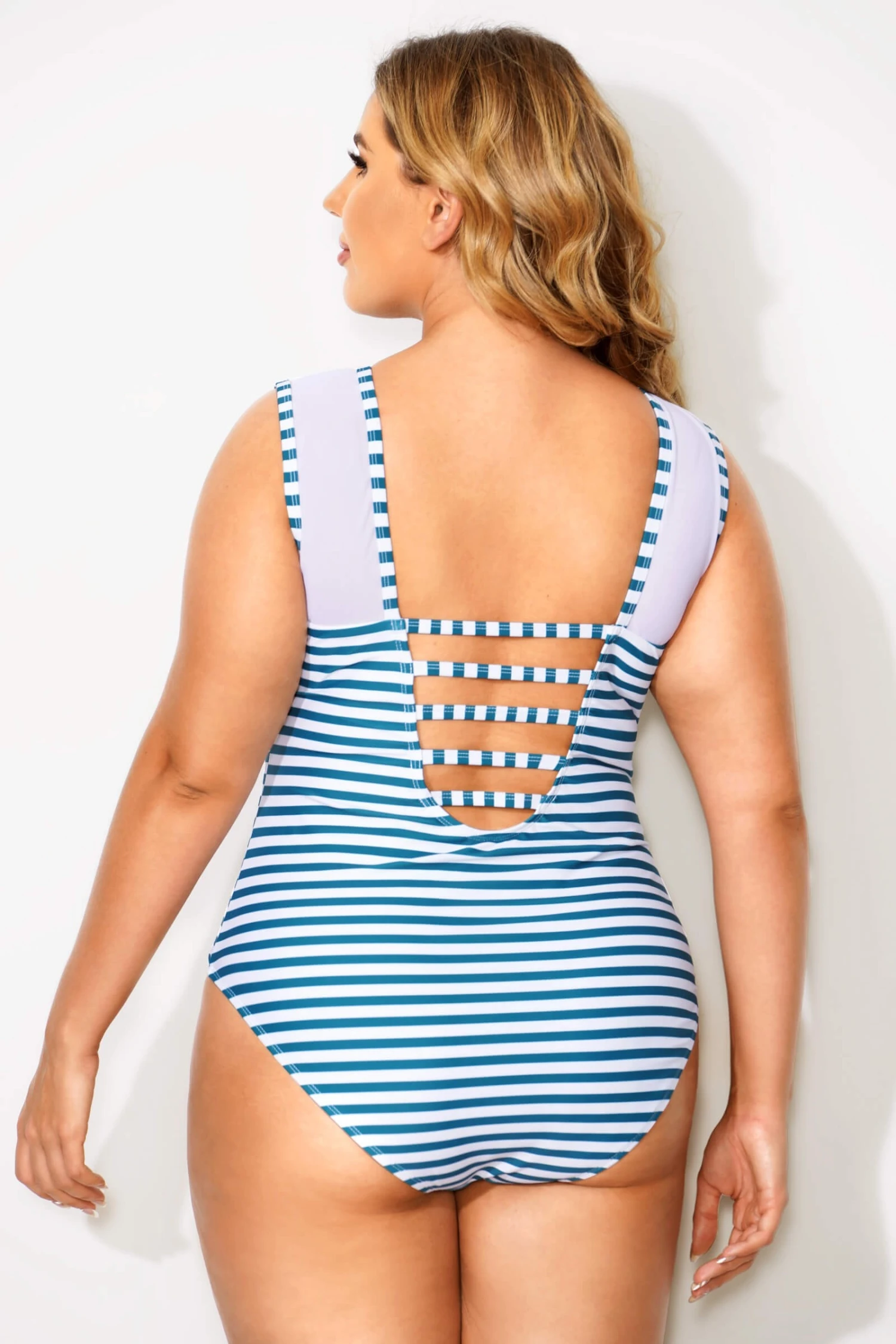 Blue & White Stripes Mesh One Piece Swimsuit - Image 2