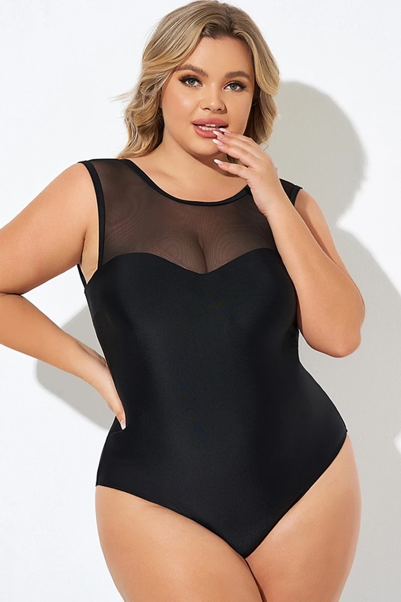 Black Mesh Wide Shoulder One Piece Swimsuit