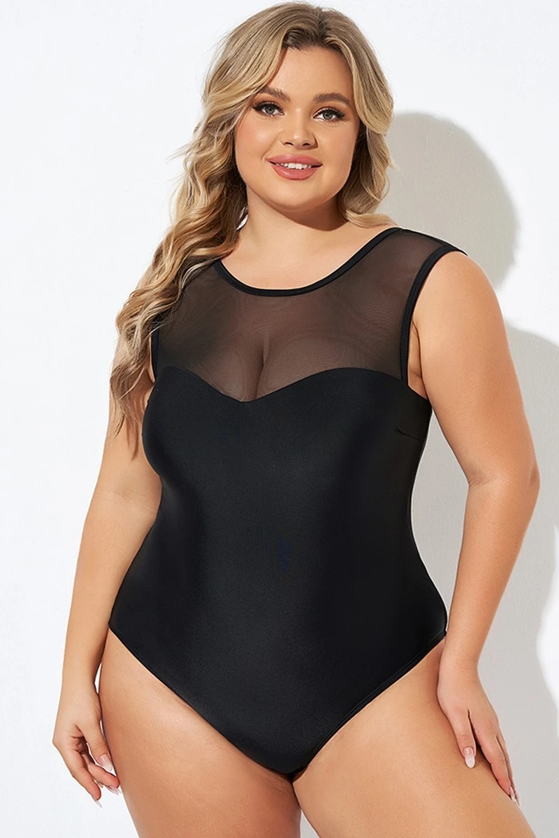 Black Mesh Wide Shoulder One Piece Swimsuit - Image 3