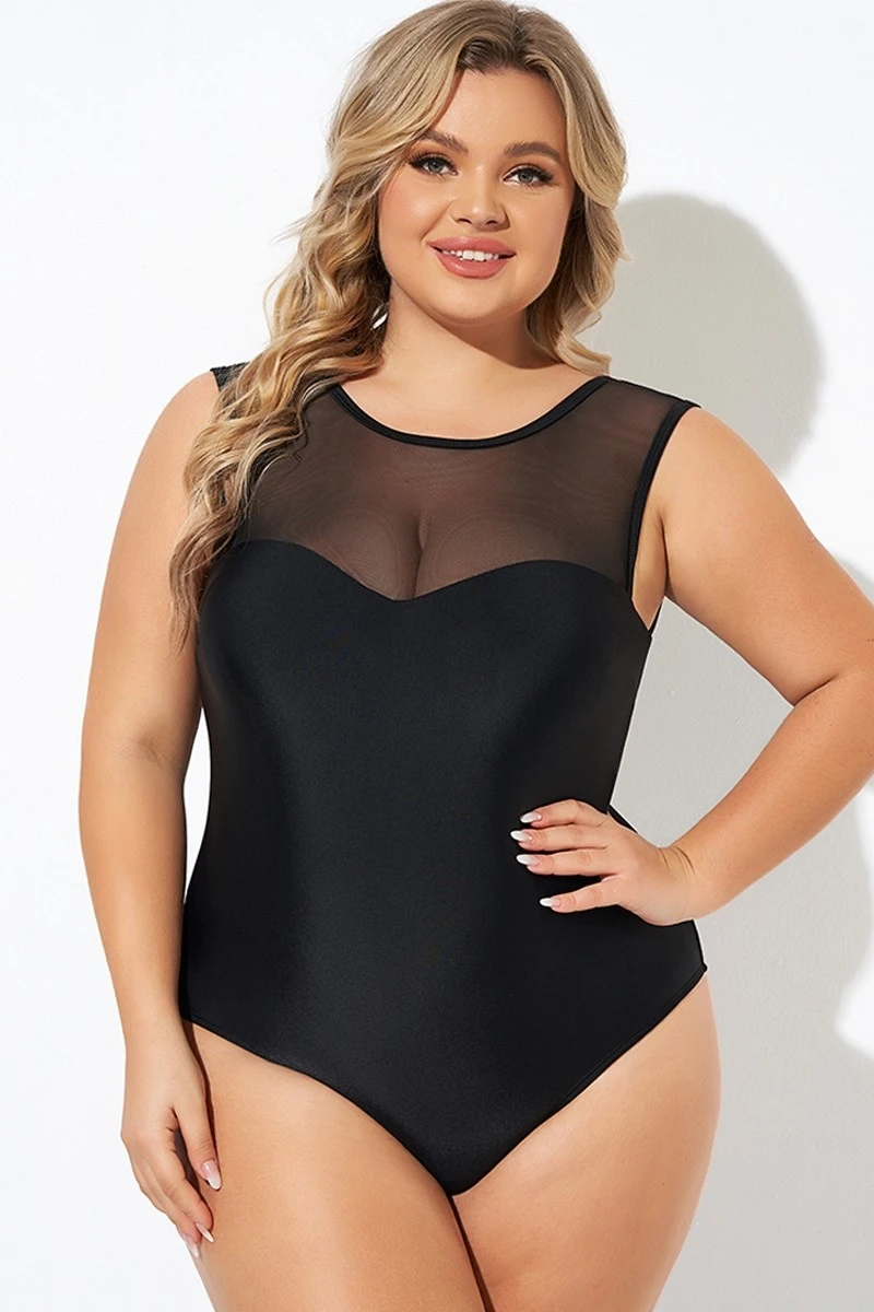Black Mesh Wide Shoulder One Piece Swimsuit - Image 6
