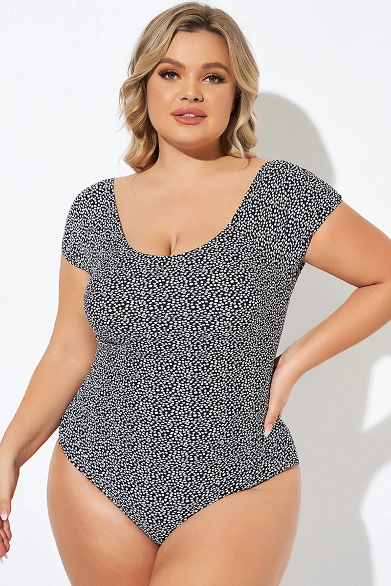 Black Speckled Ladder Back Detail One Piece Swimsuit - Image 6