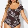 V-Neck Leaf Print Ruffles Sleeves One Piece Swimsuit