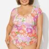 Floral Print Short Sleeve Elastic One Piece Swimsuit