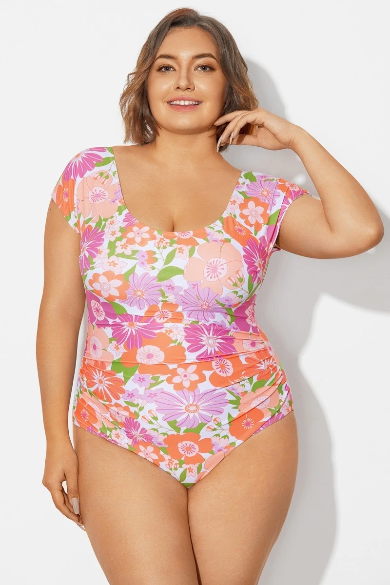 Floral Print Short Sleeve Elastic One Piece Swimsuit - Image 3