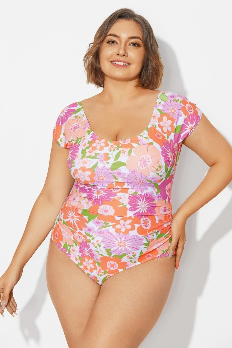 Floral Print Short Sleeve Elastic One Piece Swimsuit - Image 5