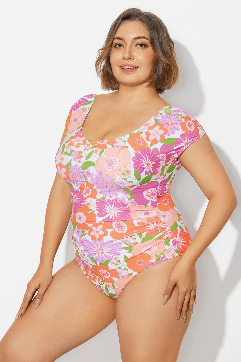 Floral Print Short Sleeve Elastic One Piece Swimsuit - Image 6