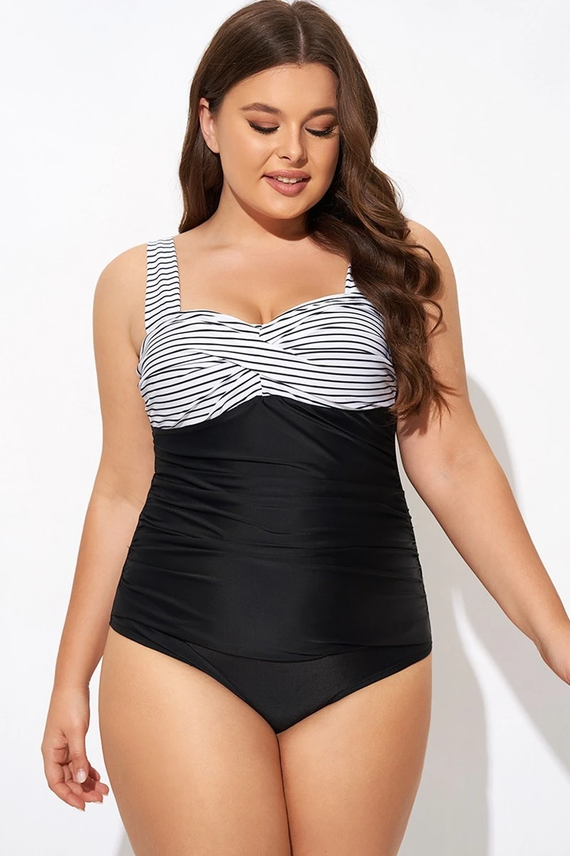 Black Stripe Wide Straps One Piece Swimsuit
