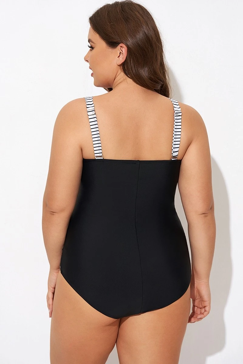 Black Stripe Wide Straps One Piece Swimsuit - Image 2