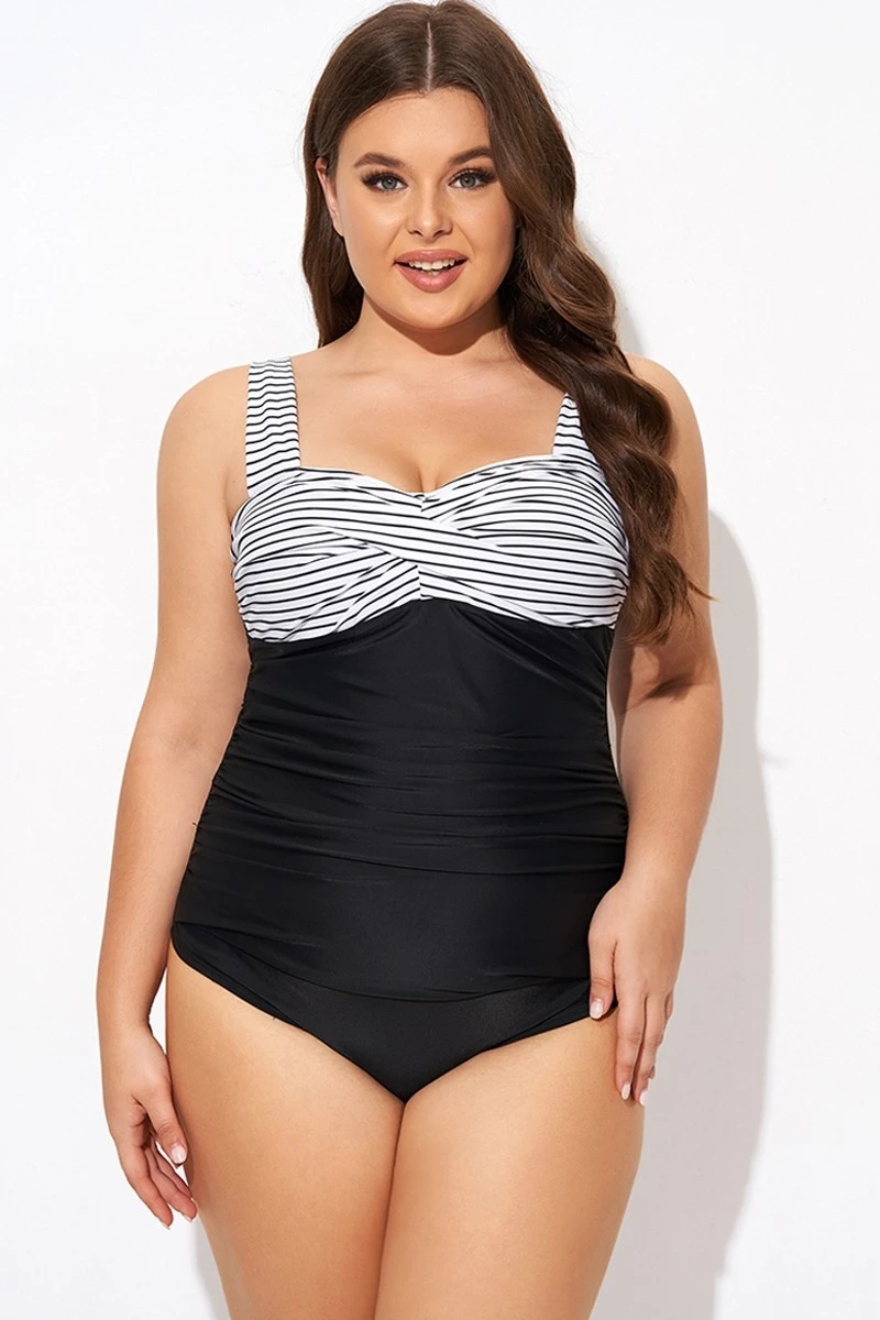 Black Stripe Wide Straps One Piece Swimsuit - Image 3