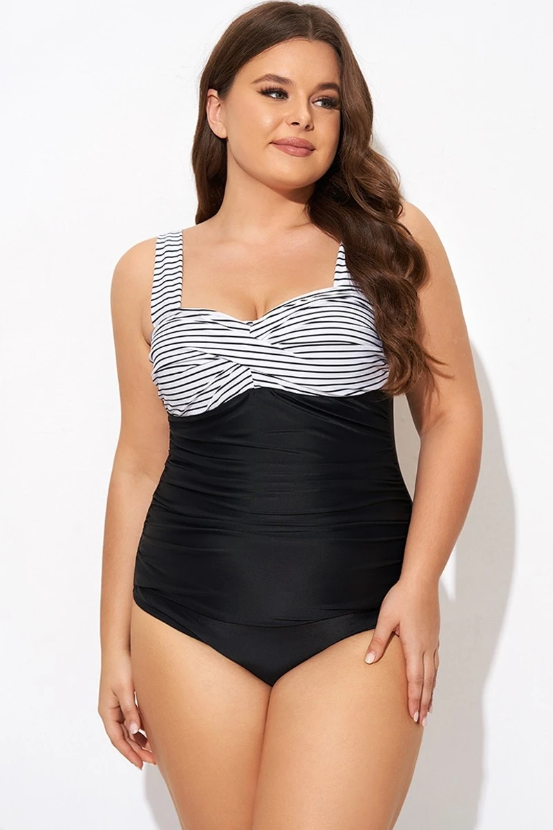 Black Stripe Wide Straps One Piece Swimsuit - Image 4