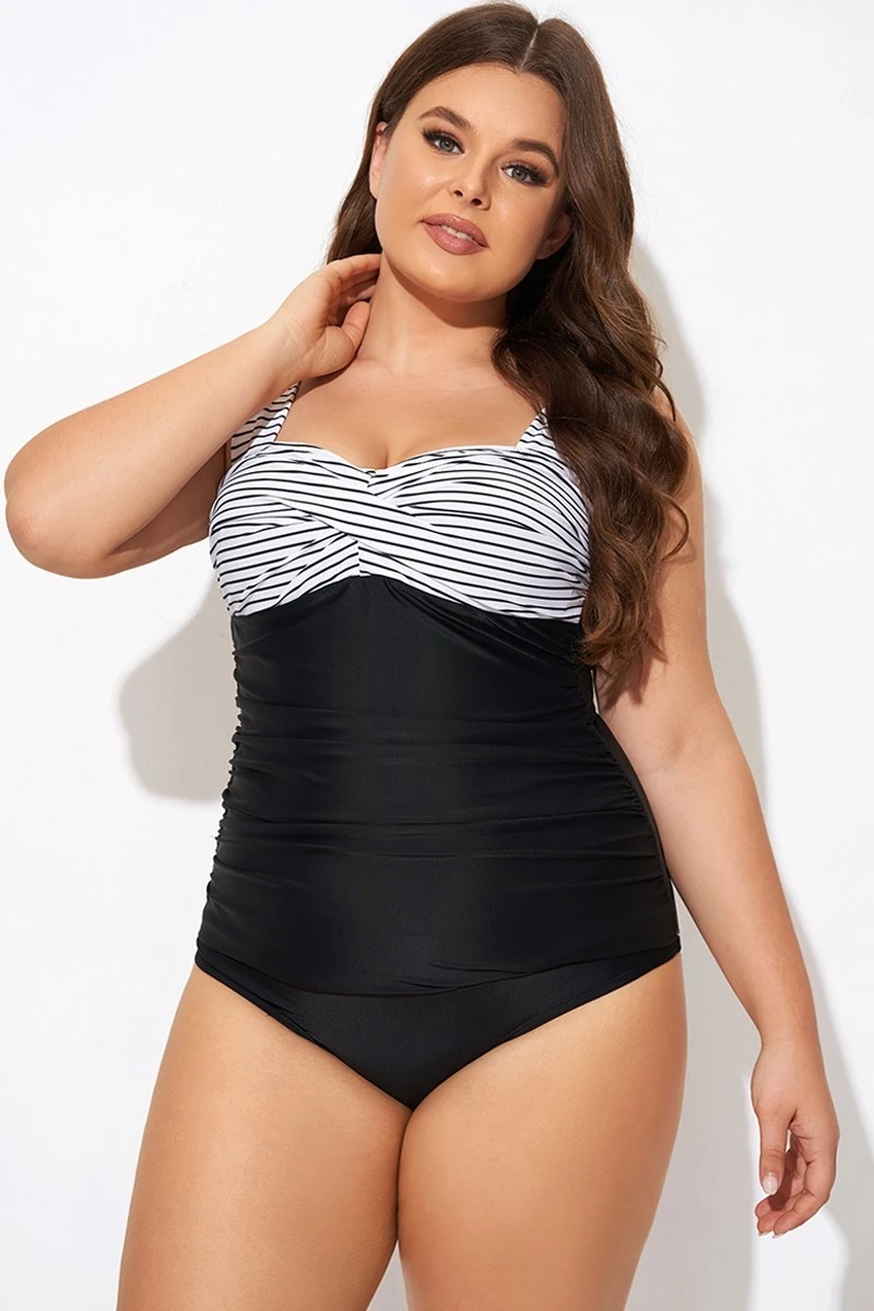 Black Stripe Wide Straps One Piece Swimsuit - Image 5