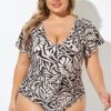 Print V-neck Low Back One Piece Swimsuit