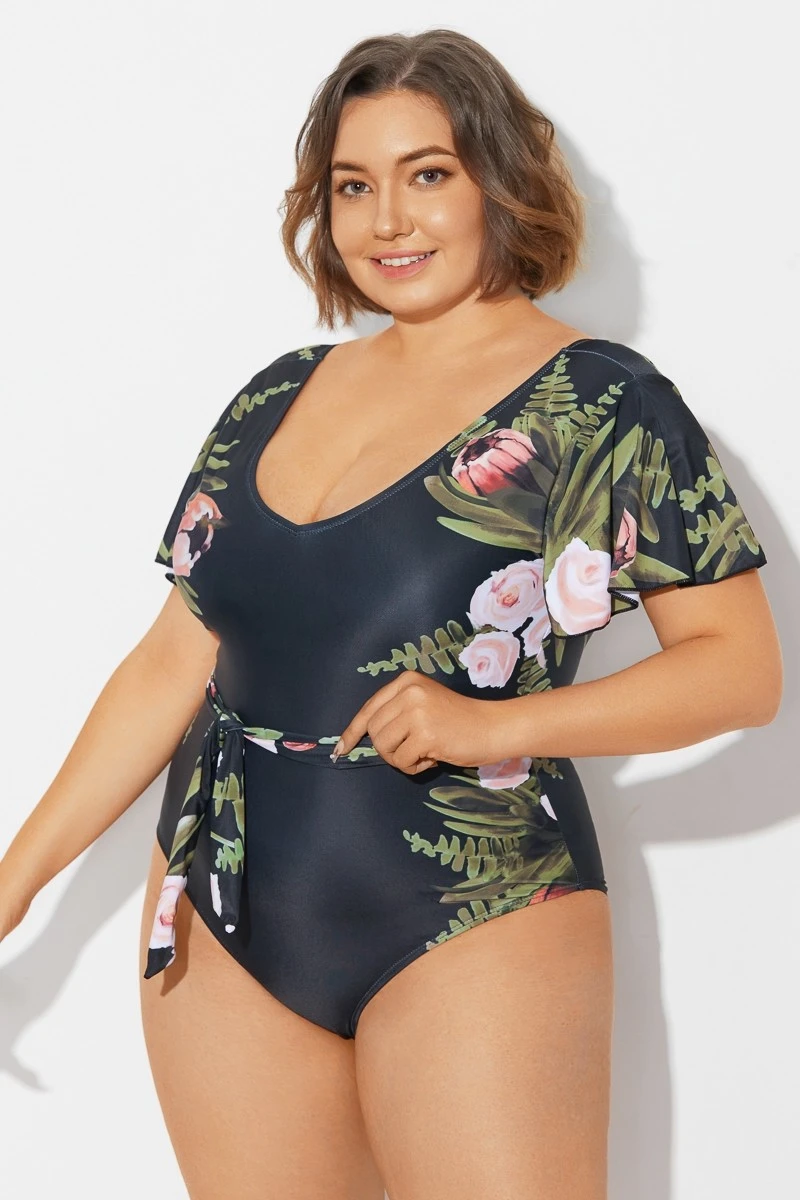 Floral Print Ruffle Sleeves One Piece Swimsuit - Image 4