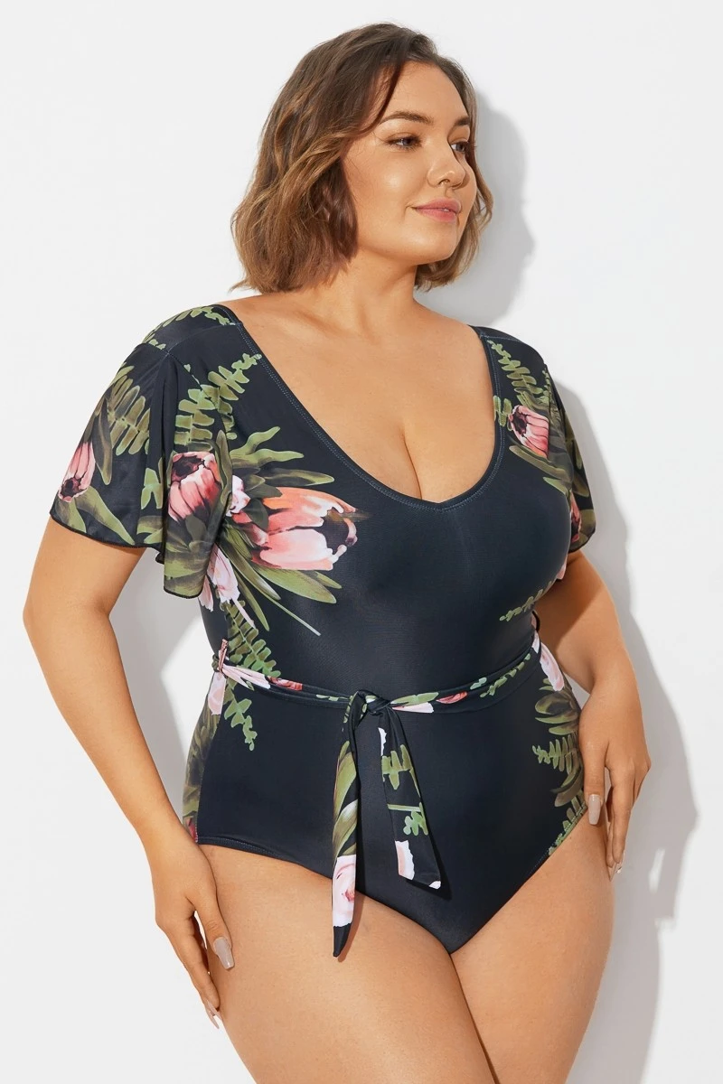 Floral Print Ruffle Sleeves One Piece Swimsuit - Image 5