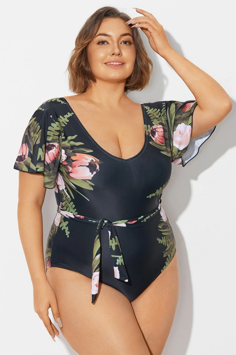 Floral Print Ruffle Sleeves One Piece Swimsuit - Image 6