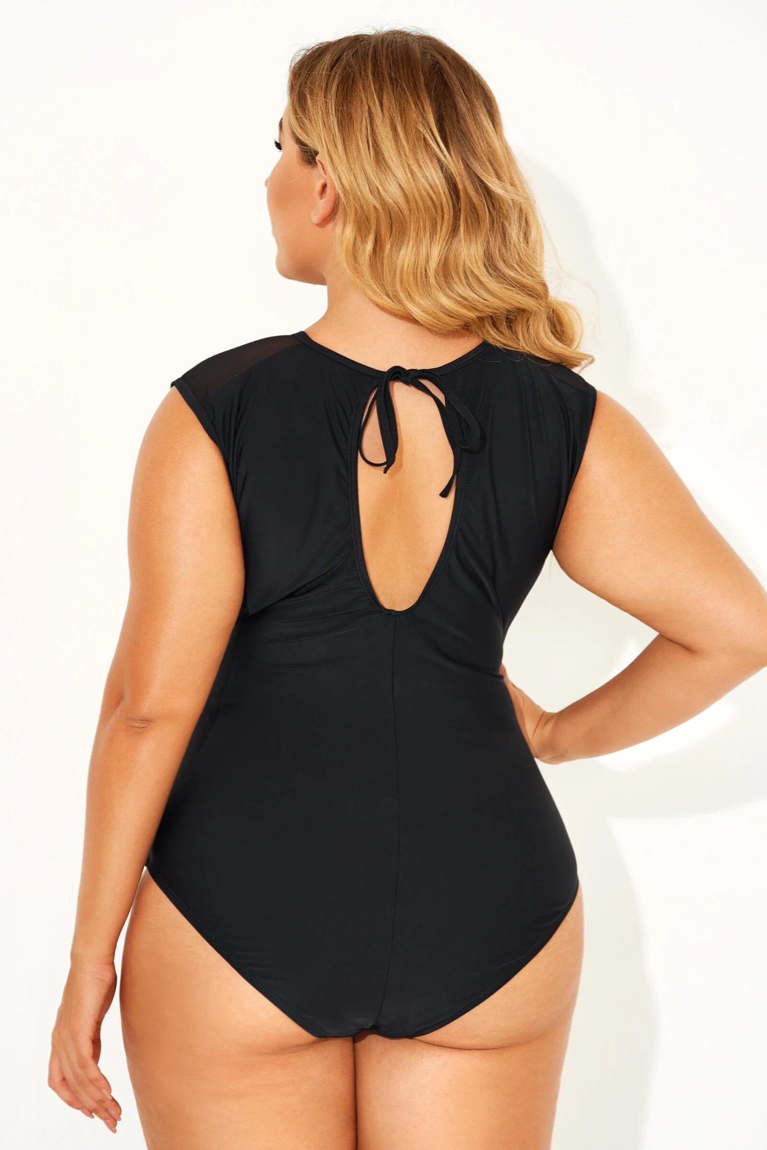 Black Sexy Mesh Shoulder One Piece Swimsuit - Image 2
