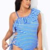 Blue & White Striped Adjustable Strap One Piece Swimsuit