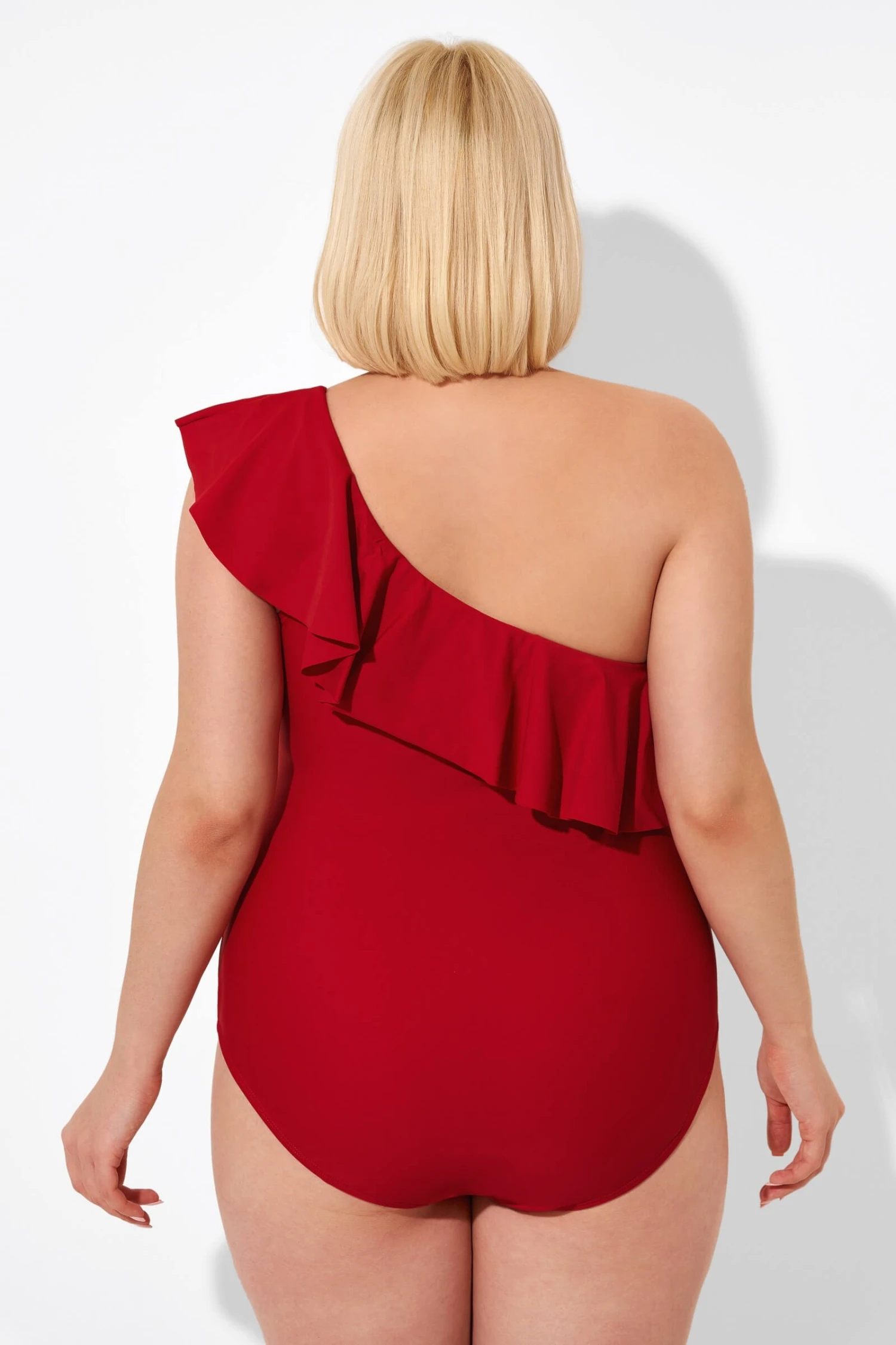 Red One Shoulder Ruffle One Piece Swimsuit - Image 2