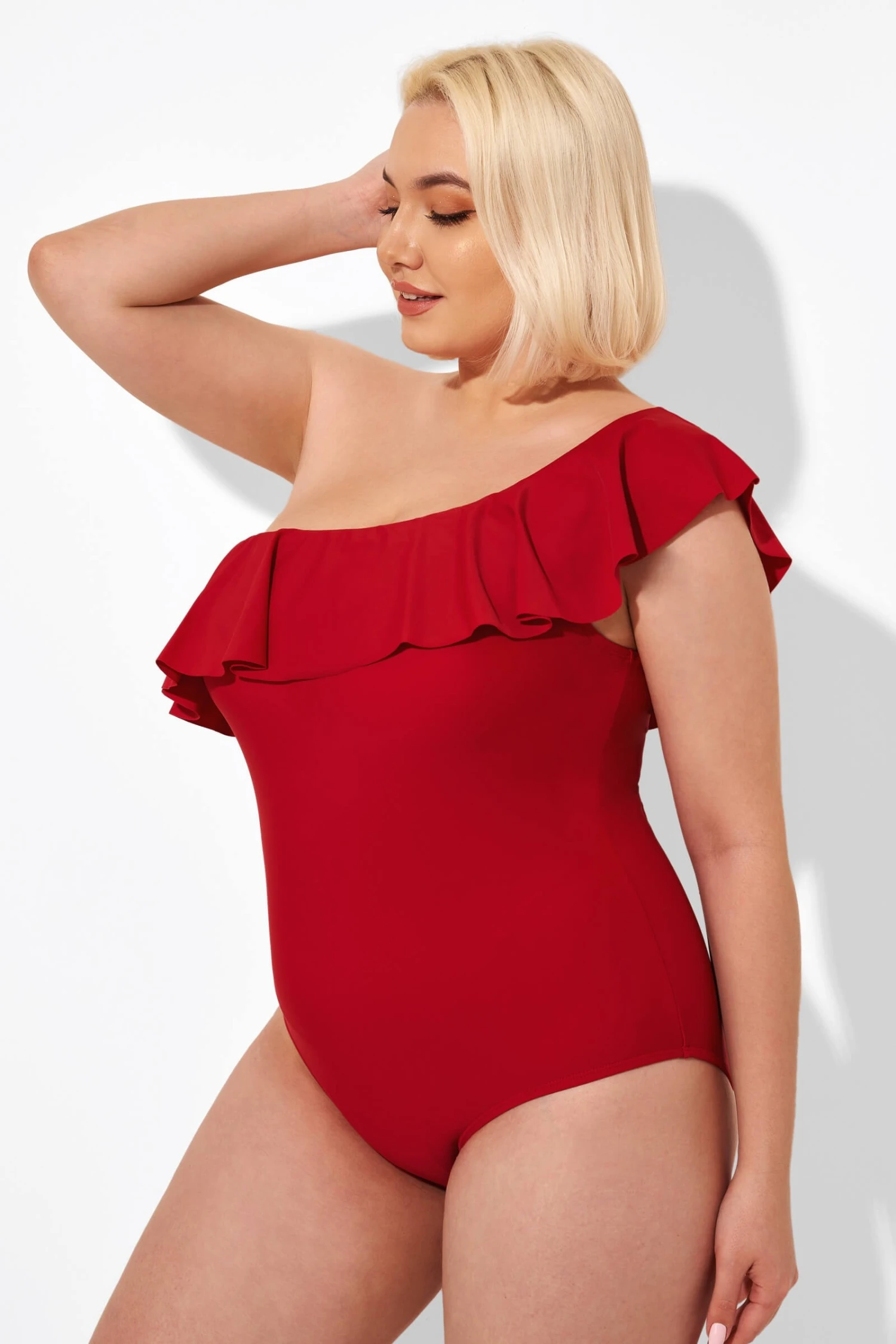 Red One Shoulder Ruffle One Piece Swimsuit - Image 3