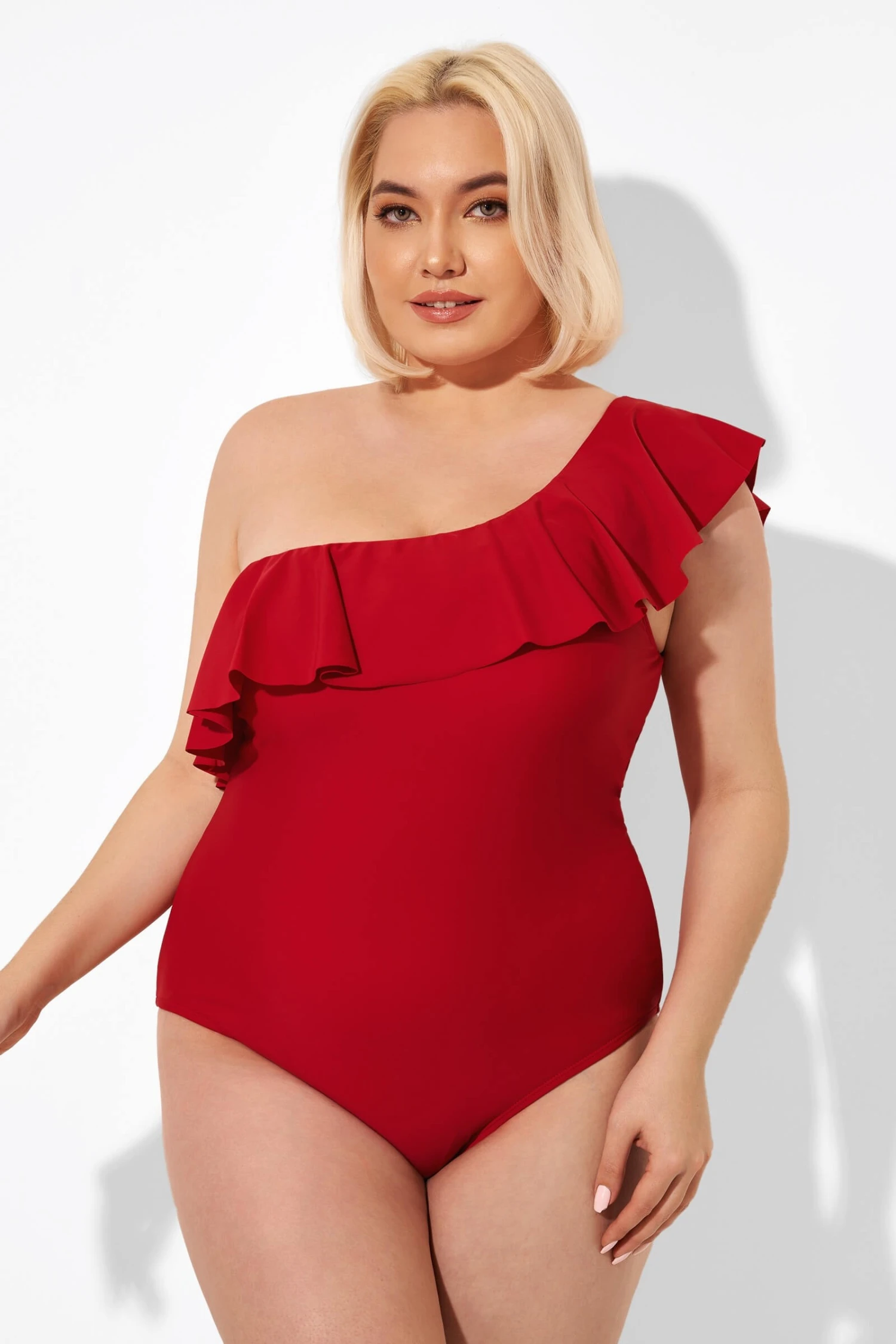Red One Shoulder Ruffle One Piece Swimsuit - Image 4