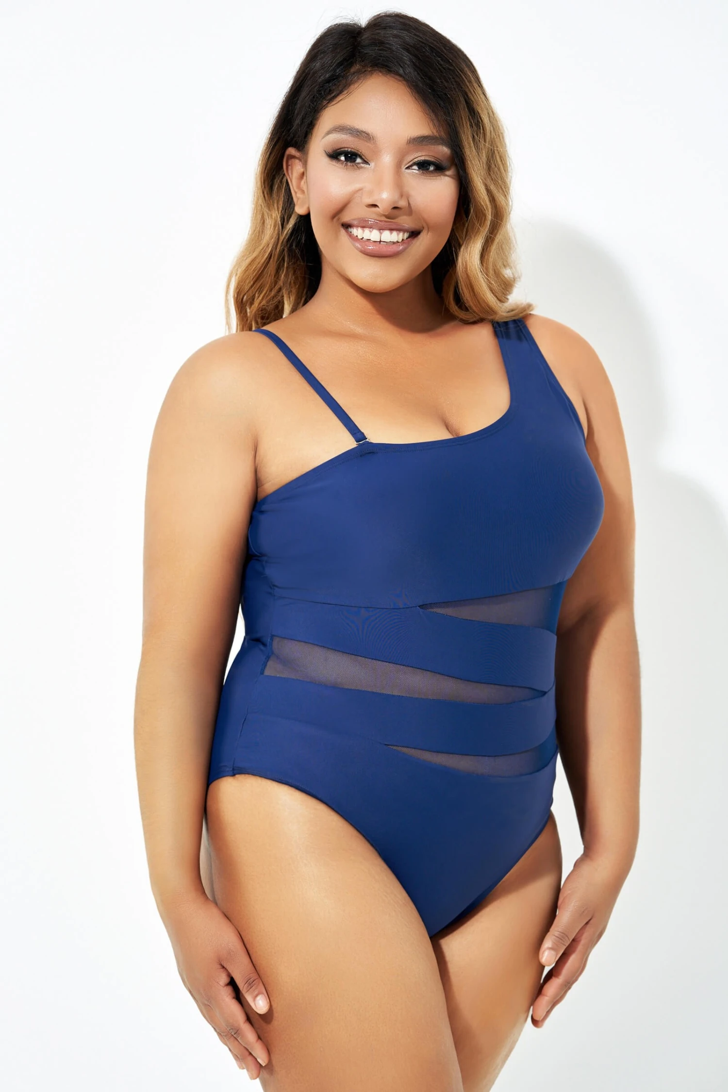 Navy Blue One Shoulder Mesh One Piece Swimsuit - Image 3
