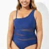 Navy Blue One Shoulder Mesh One Piece Swimsuit