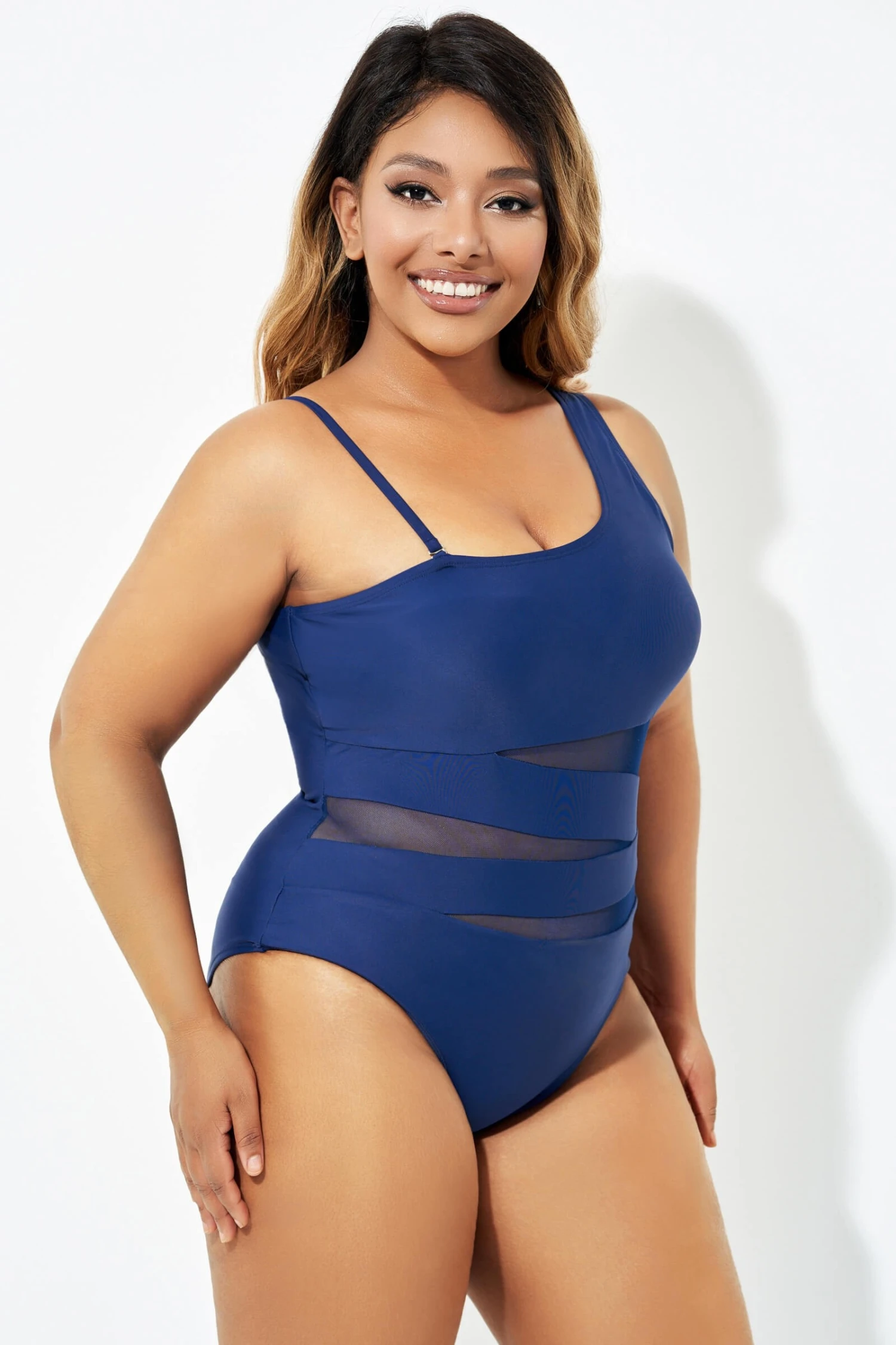 Navy Blue One Shoulder Mesh One Piece Swimsuit - Image 6