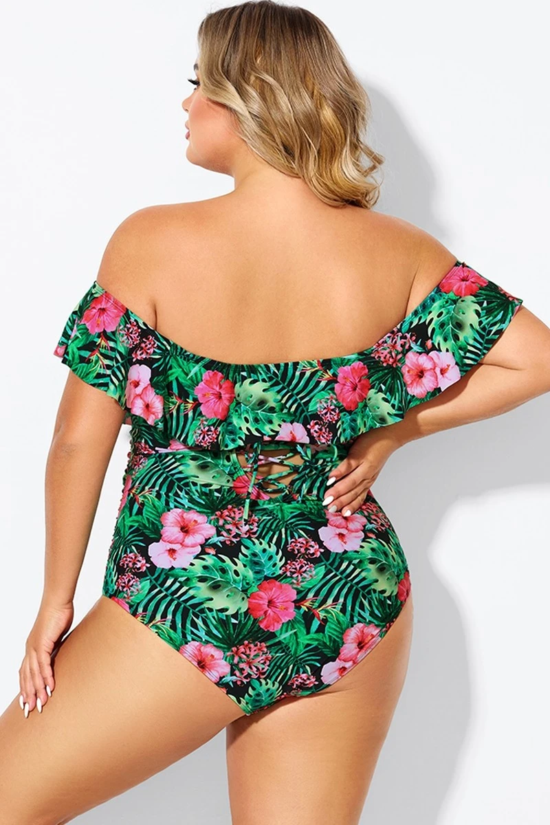 Floral Print Bandeau Off The Shoulder Ruffle One Piece Swimsuit - Image 2