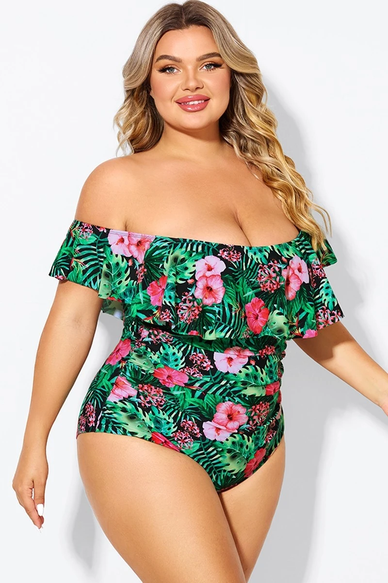 Floral Print Bandeau Off The Shoulder Ruffle One Piece Swimsuit - Image 5