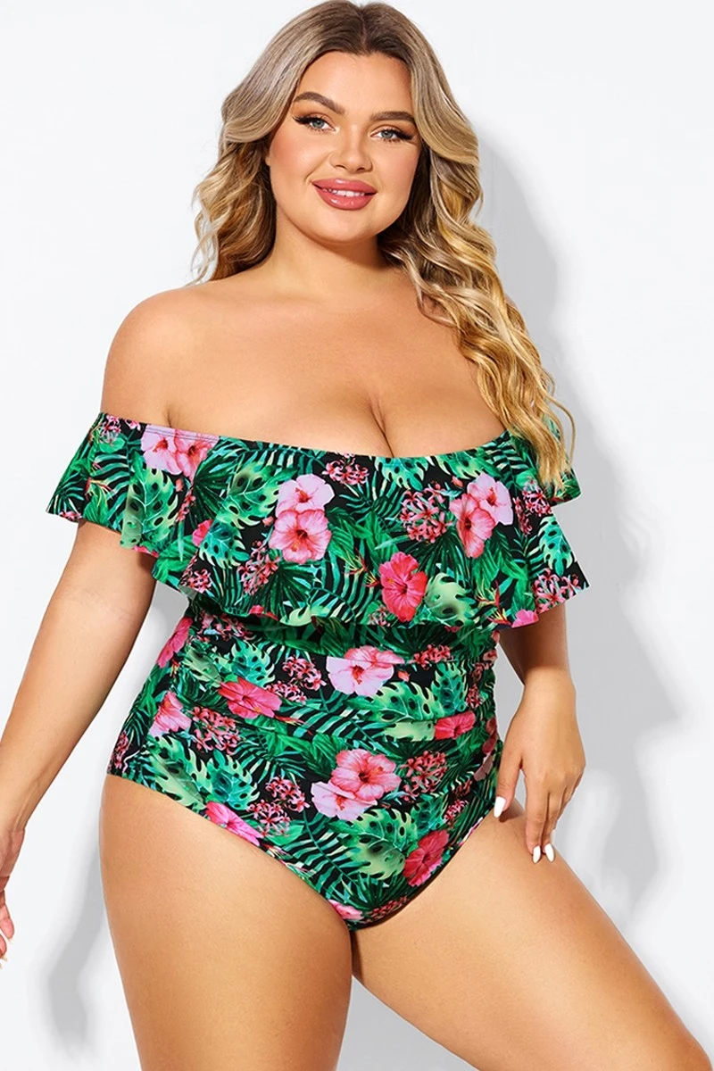 Floral Print Bandeau Off The Shoulder Ruffle One Piece Swimsuit - Image 6