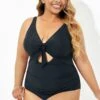 Black Cut Out Tie Front Underwire One Piece Swimsuit