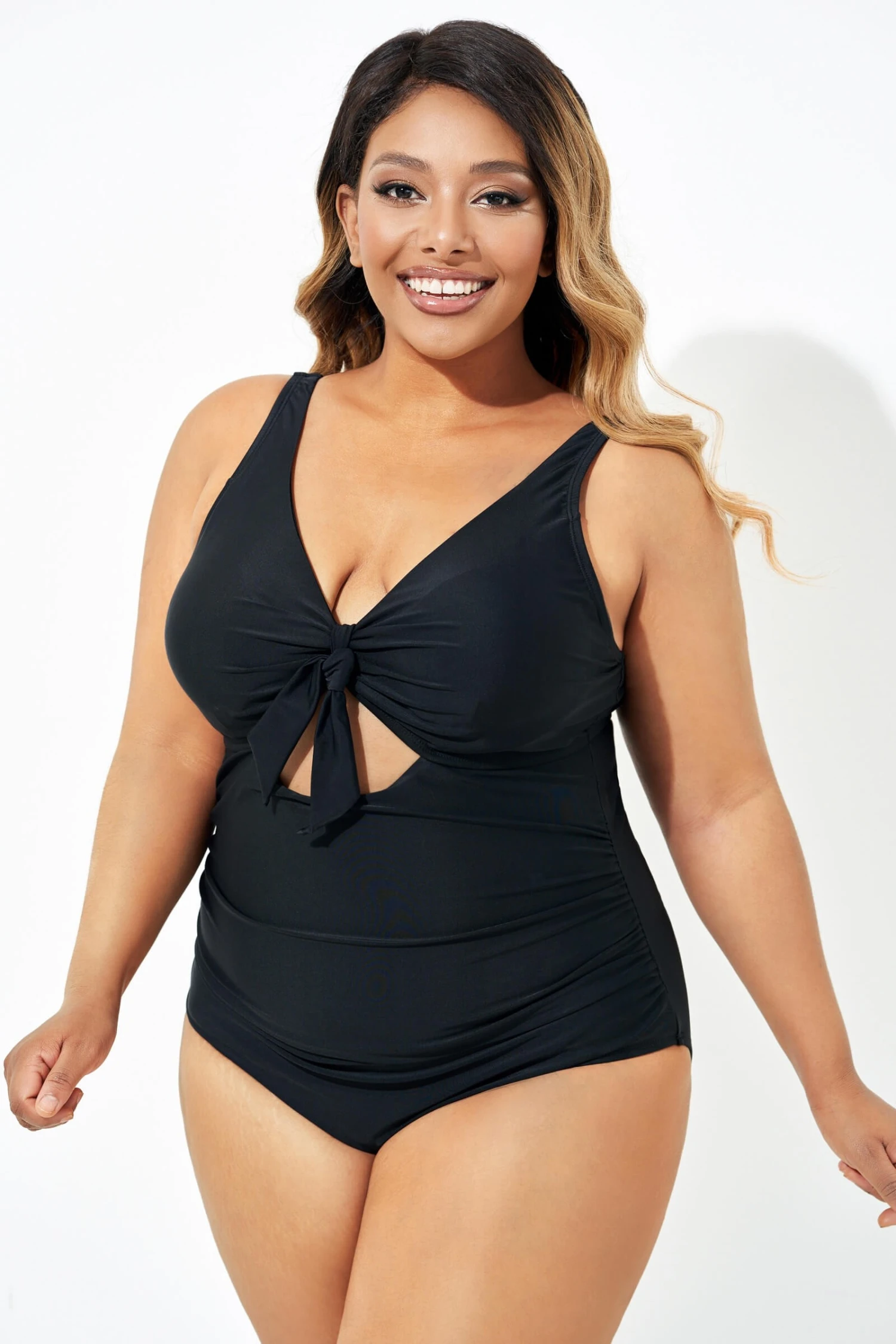 Black Cut Out Tie Front Underwire One Piece Swimsuit - Image 4